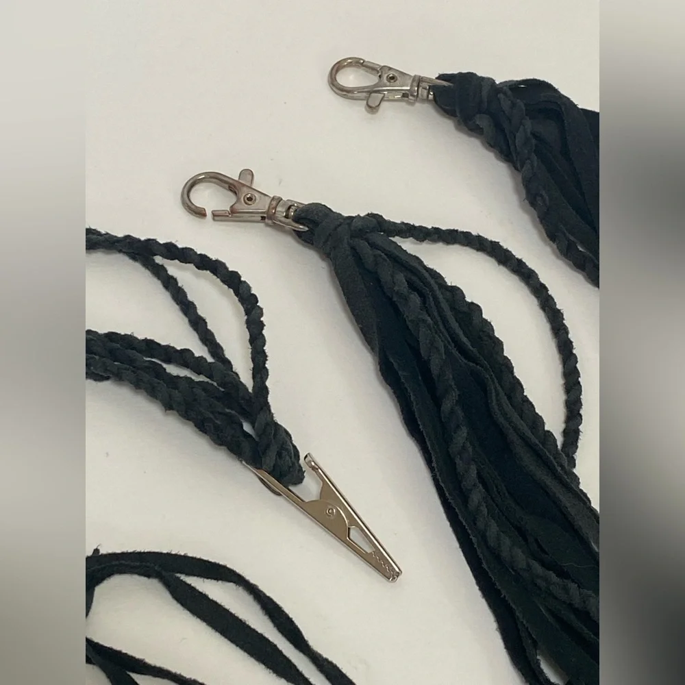 OOAK black leather feather tribal clip set. Festival Burning Man style